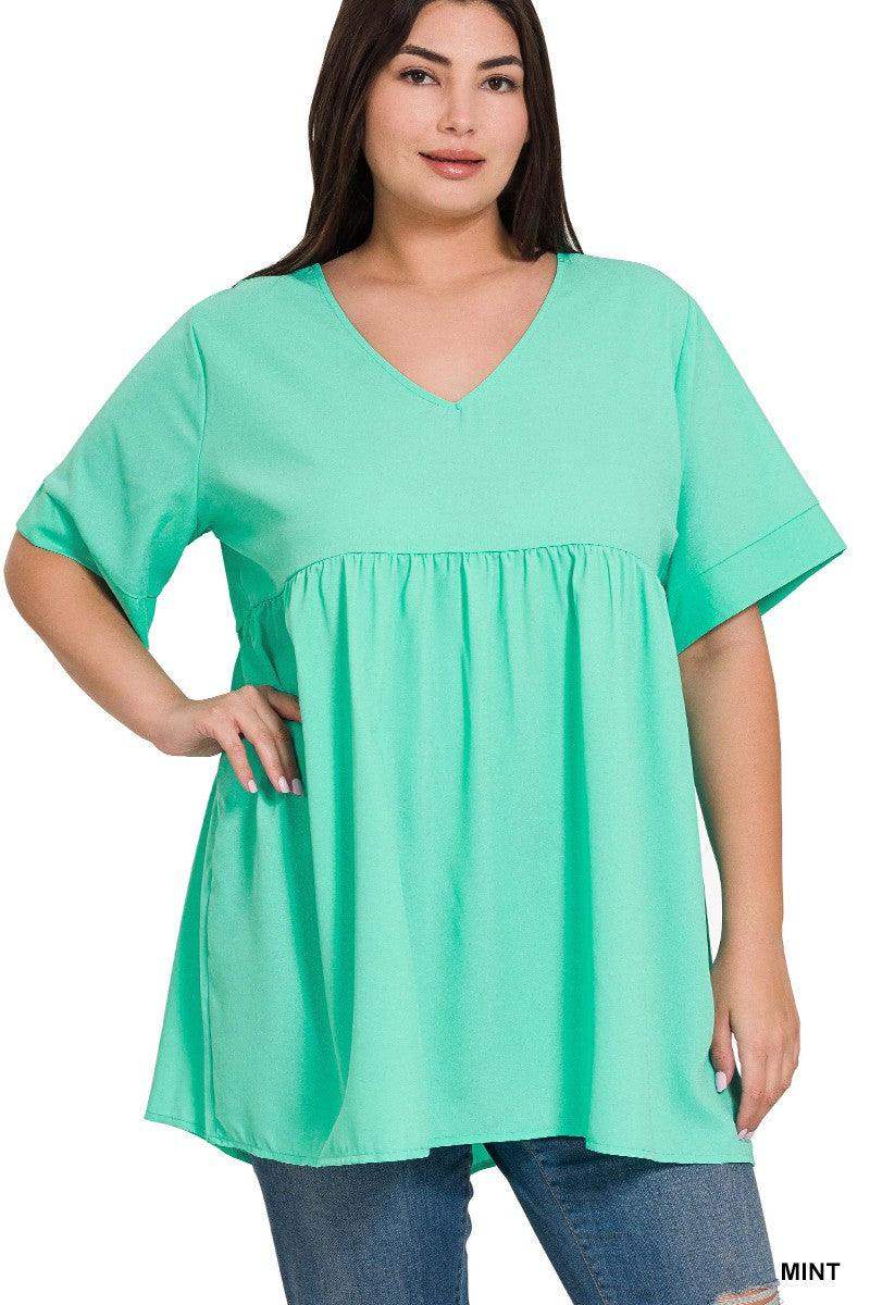 PLUS WOVEN HEAVY DOBBY EMPIRE WAIST SHIRRING TOP in Mint - Esme and Elodie