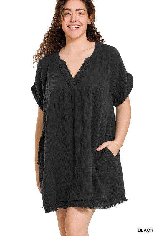 summer black plus size dress woman hand in pocket light weight cotton double gauze
