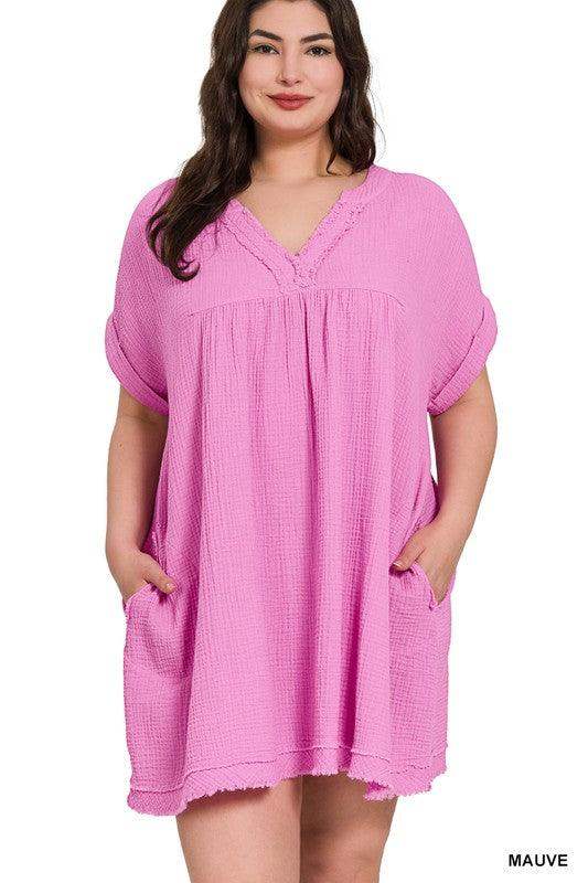 woman two hands in pockets of cotton summer dress light weight