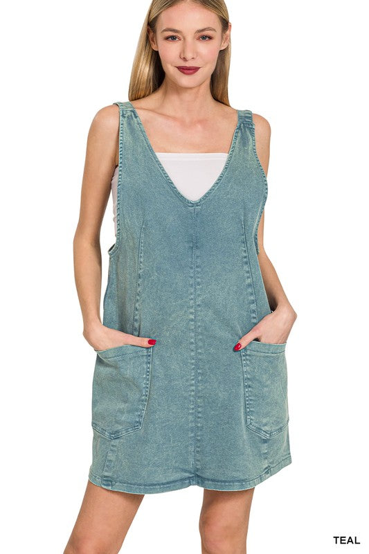 front overall dress in teal with double pockets