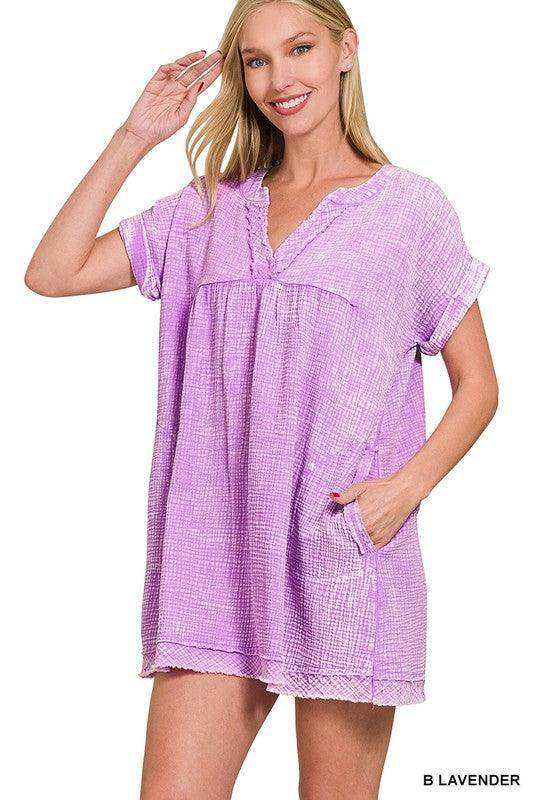 purple womens dress in natural cotton gauze with pockets