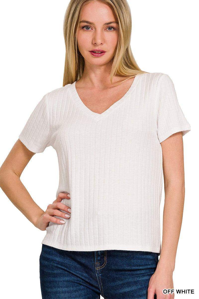 RIBBED SHORT SLEEVE V NECK TOP IN OFF WHITE - Esme and Elodie