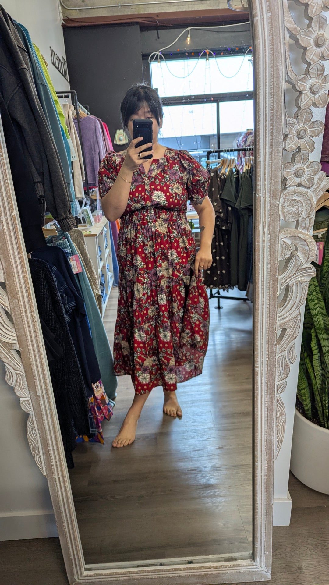 Womens Red Floral Midi Dress