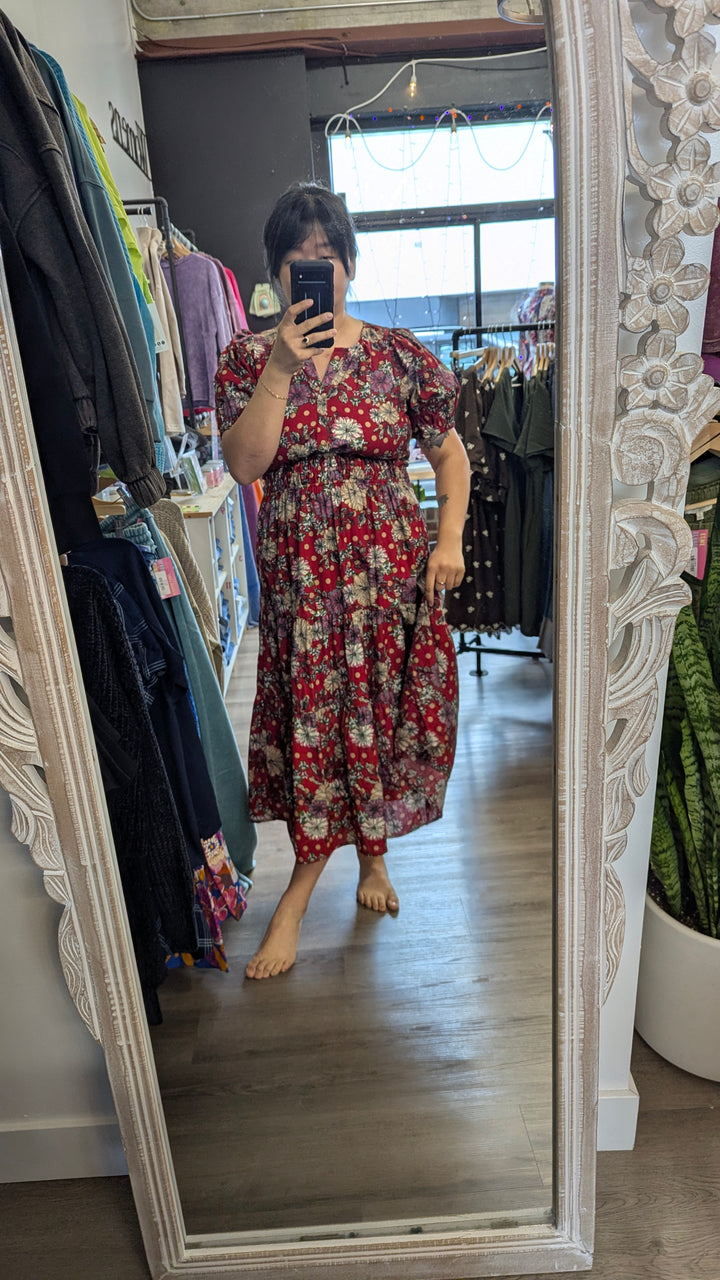 Womens Red Floral Midi Dress