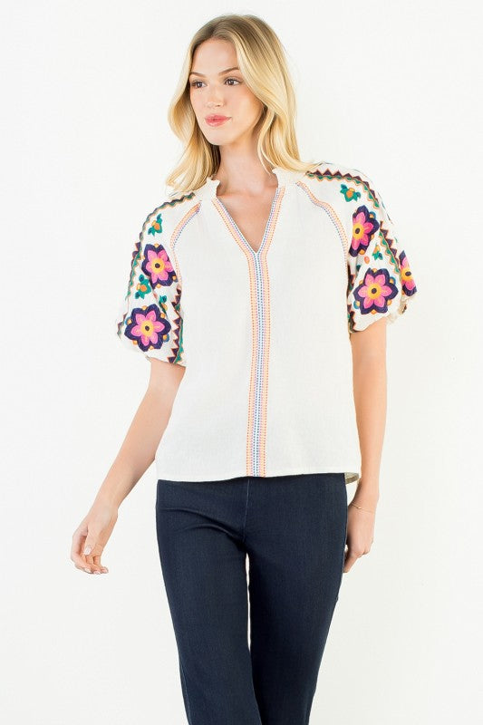 XL Collection- Embroidered Puff Sleeve Top