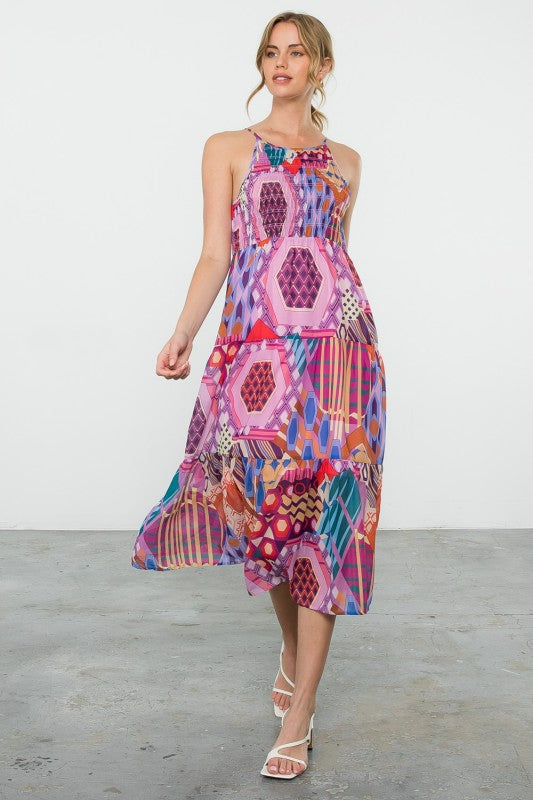 XL Collection- Halter Smocked Print Dress