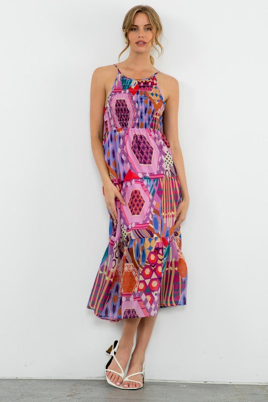 XL Collection- Halter Smocked Print Dress