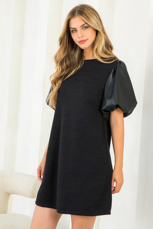 XL Collection- Leather Sleeve Puff Dress