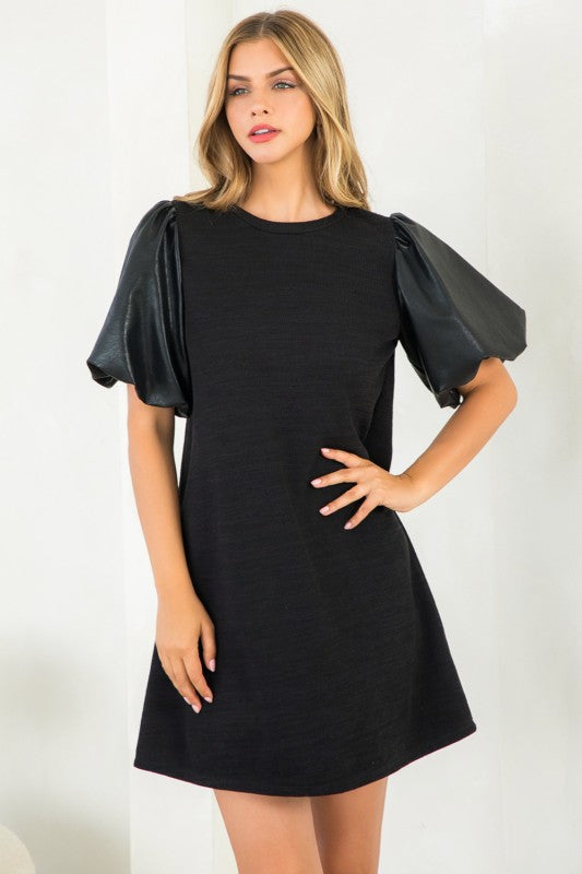 XL Collection- Leather Sleeve Puff Dress