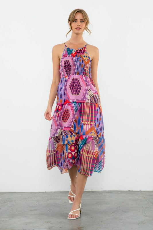 XL Collection- Halter Smocked Print Dress