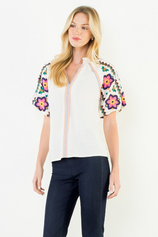 XL Collection- Embroidered Puff Sleeve Top