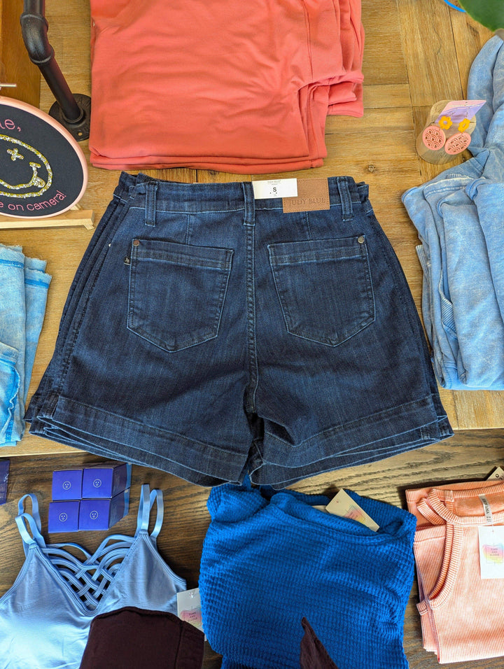 Womens Judy Blue Denim Trouser Shorts Dark Wash High Waist Rise