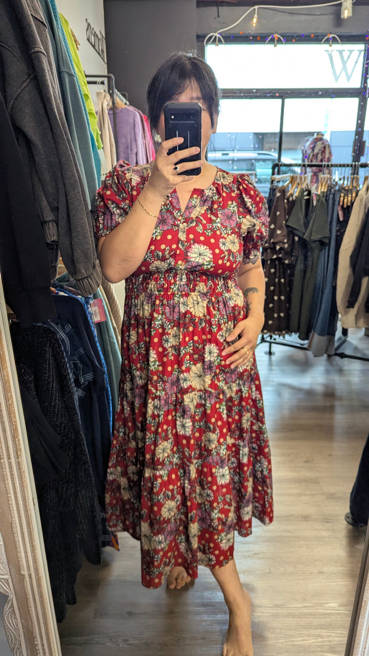 Womens Red Floral Midi Dress