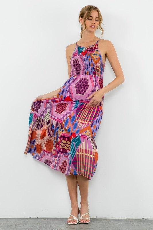 XL Collection- Halter Smocked Print Dress