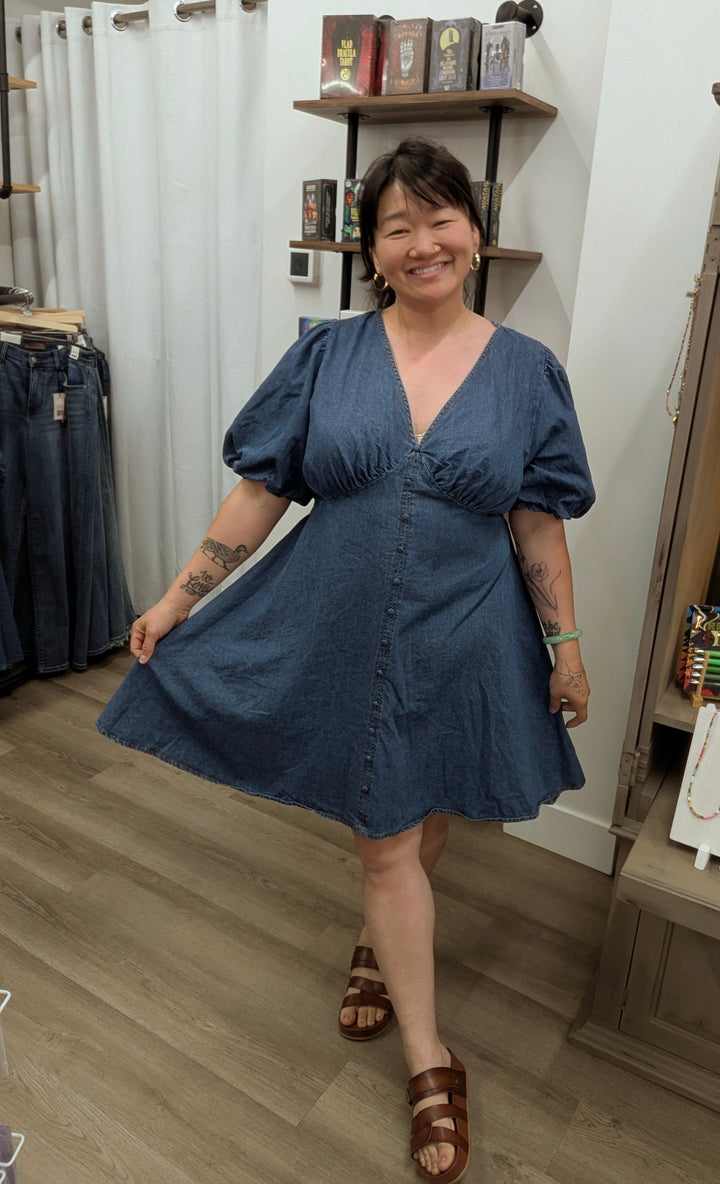 Plus Size Flying Tomato Denim Mini Dress Puff Sleeve Button Front