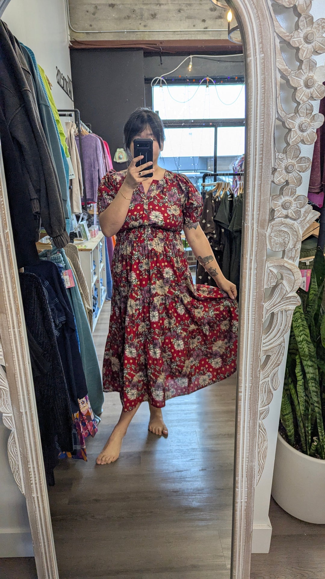 Womens Red Floral Midi Dress