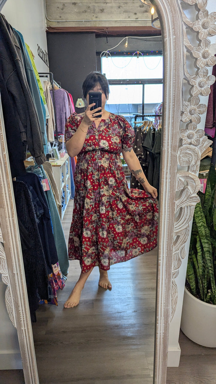 Womens Red Floral Midi Dress