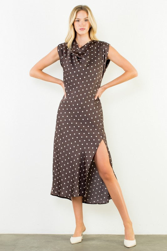 XL Collection- Cowl Neck Polka Dot Slit Dress