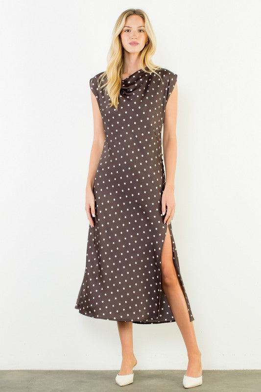 XL Collection- Cowl Neck Polka Dot Slit Dress