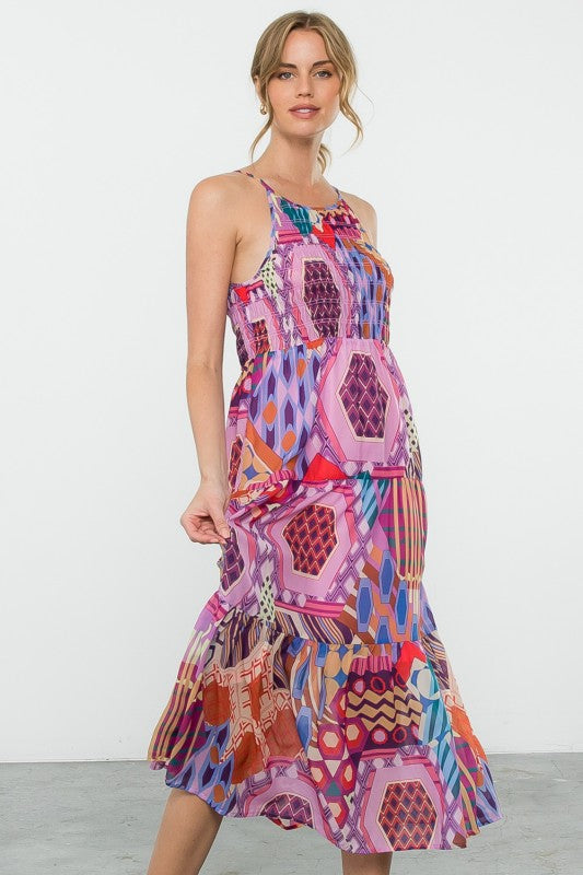 XL Collection- Halter Smocked Print Dress