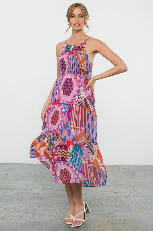 XL Collection- Halter Smocked Print Dress