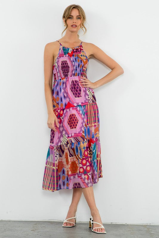 XL Collection- Halter Smocked Print Dress