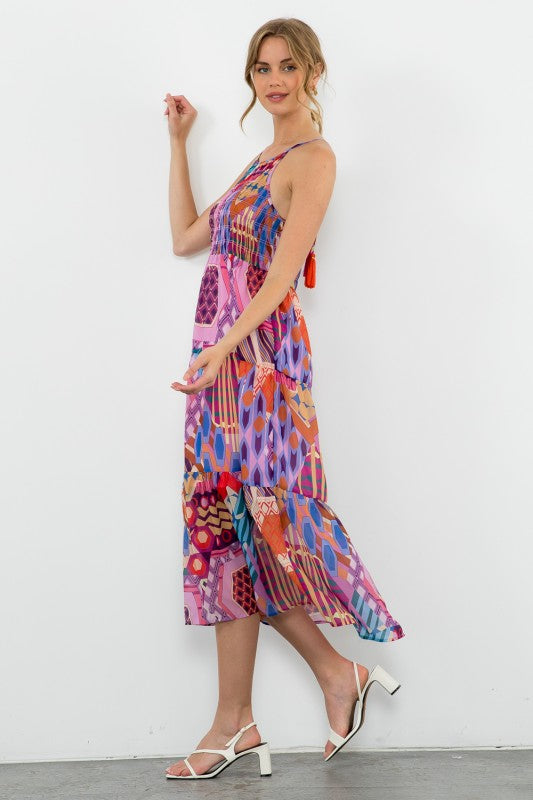XL Collection- Halter Smocked Print Dress