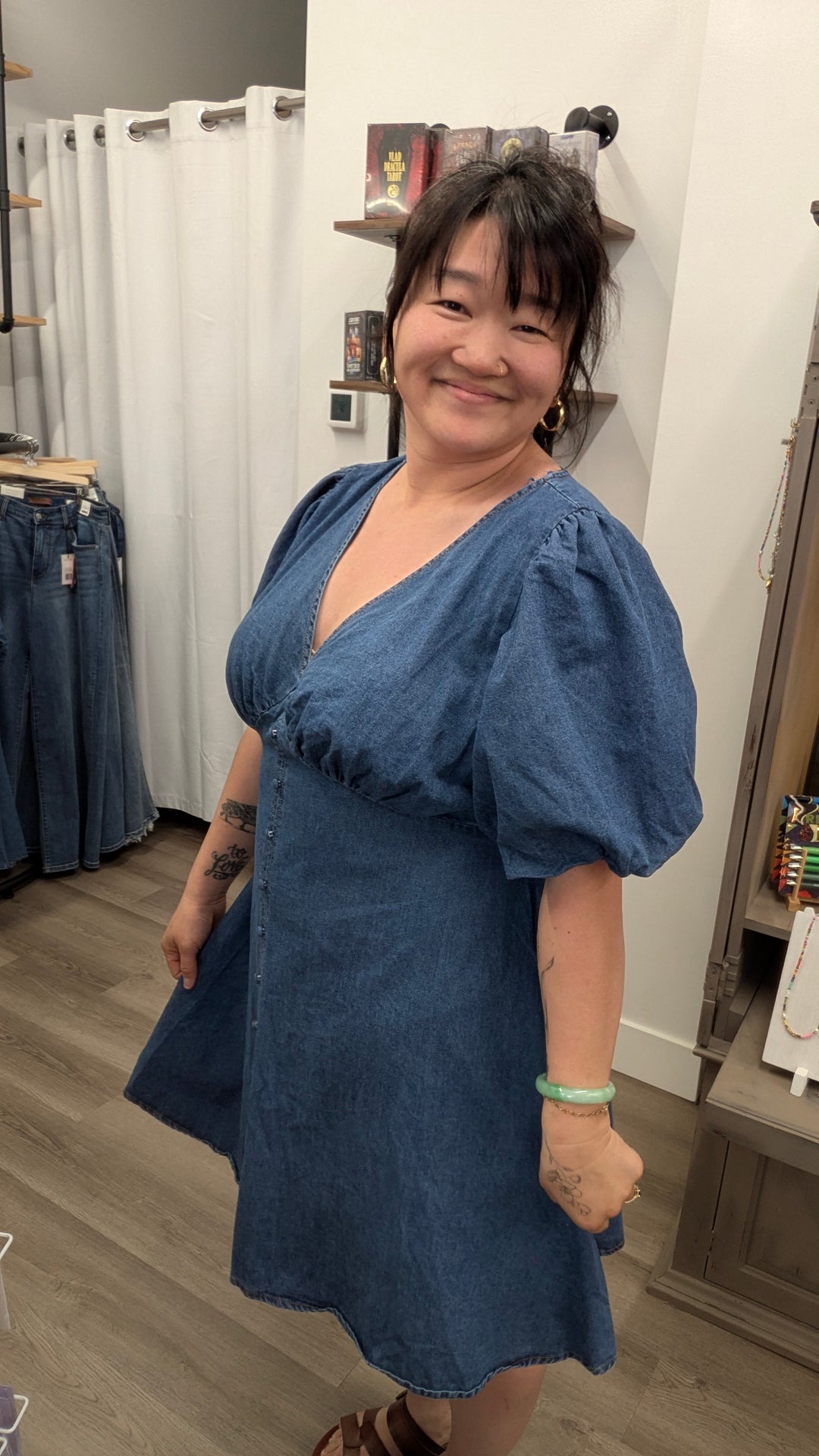 Plus Size Flying Tomato Denim Mini Dress Puff Sleeve Button Front
