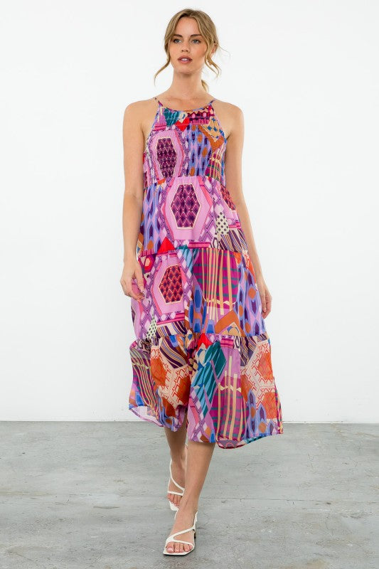 XL Collection- Halter Smocked Print Dress