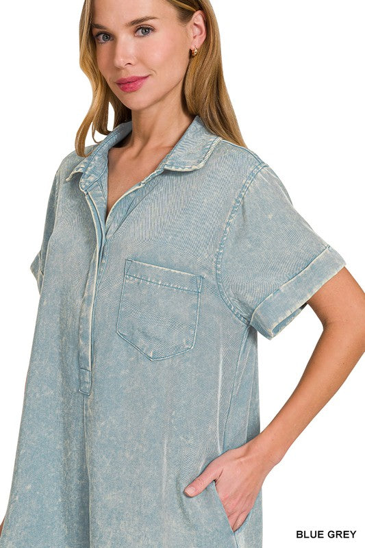 blue lightweight romper with pockets summer outfit