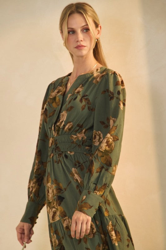 Womens Floral Printed Midi Dress in Sage