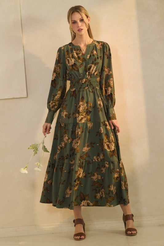Womens Floral Printed Midi Dress in Sage