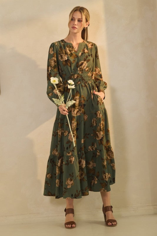 Womens Floral Printed Midi Dress in Sage