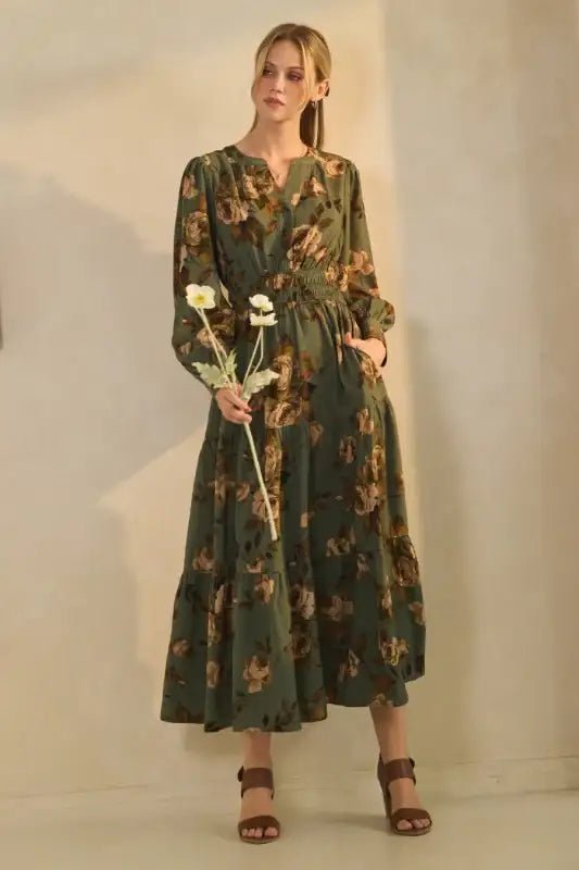 Womens Floral Printed Midi Dress in Sage