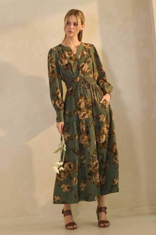Womens Floral Printed Midi Dress in Sage