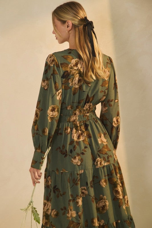 Womens Floral Printed Midi Dress in Sage
