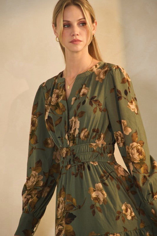 Womens Floral Printed Midi Dress in Sage