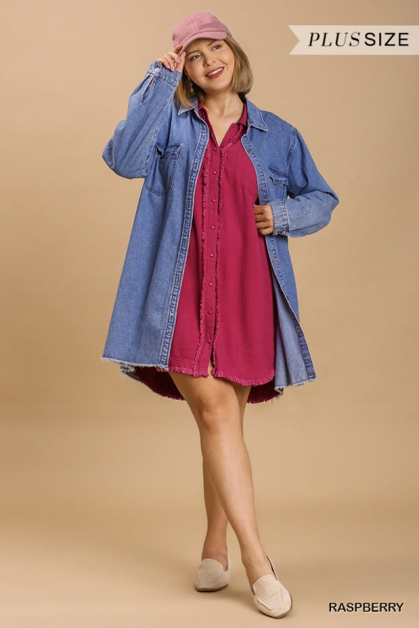 Plus size Umgee Linen Blend Collar Button Down Long Sleeve Gauze Shirt Dress and Frayed Edge Detail