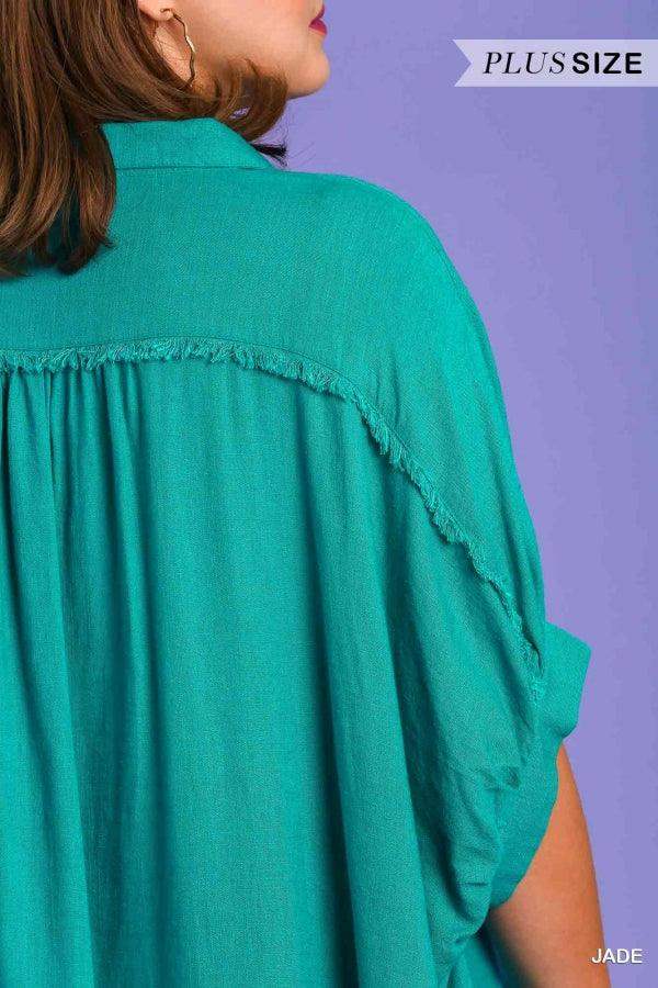 Plus Size Linen Blend button down top in jade