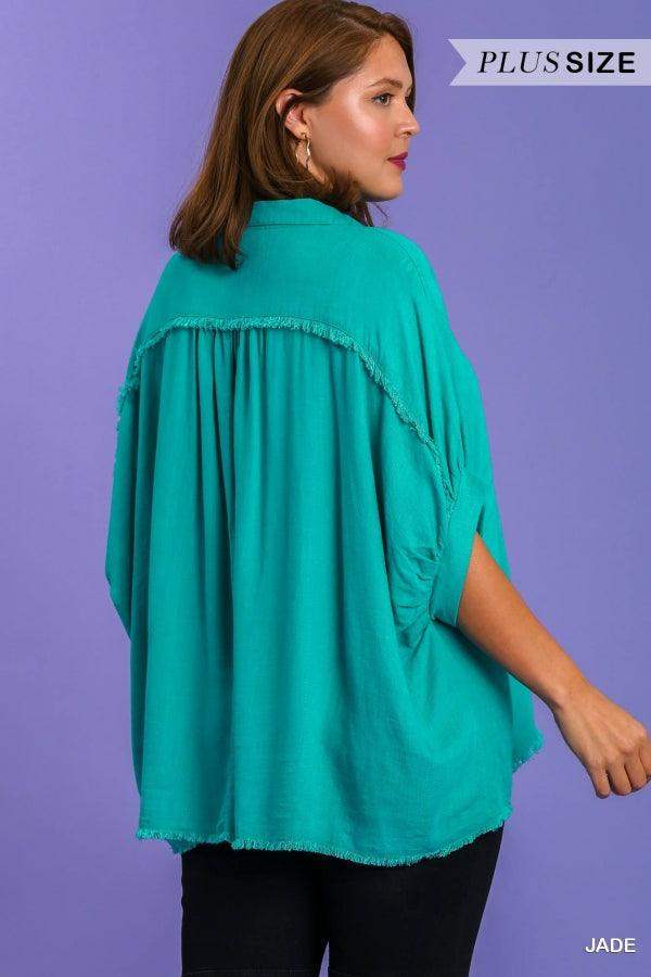 Plus Size Linen Blend button down top in jade