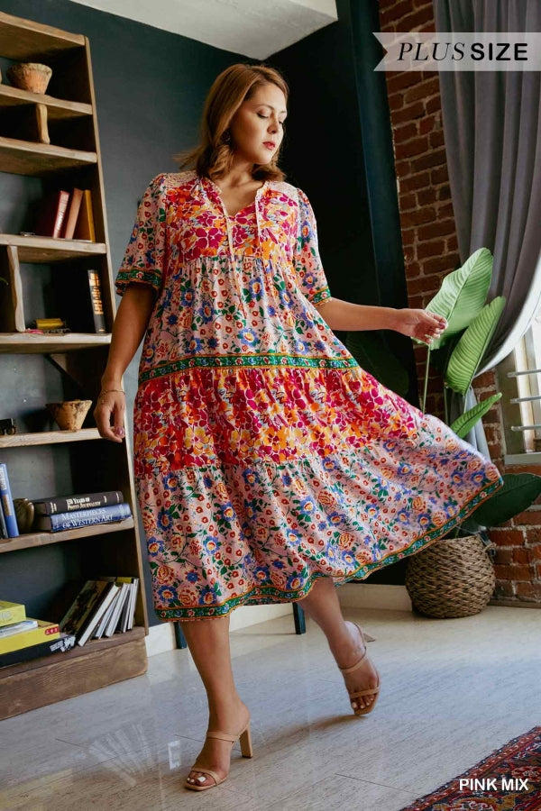 Plus Size Short Sleeve Mixed Floral Print Round Neck Maxi Dress with Split Neck, Neck Tie Detail, Ruffle Trim Neckline, & Smocked Detail on Shoulder