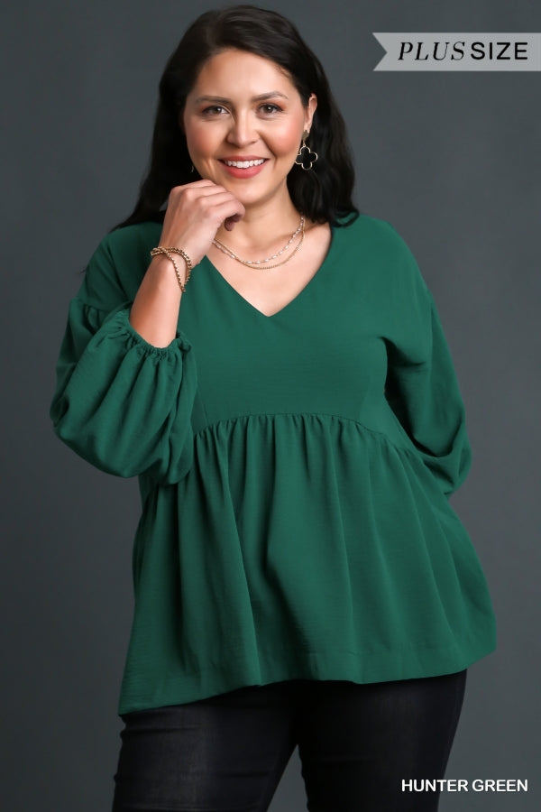 Plus Size Umgee V-neck babydoll in hunter green