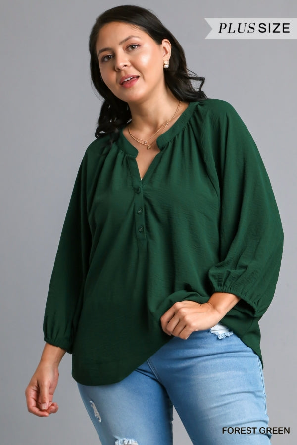 Umgee Plus Size button peasant blouse - Hunter Green