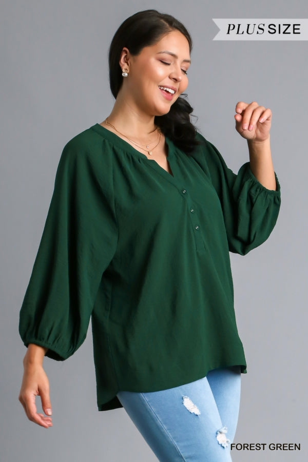 Umgee Plus Size button peasant blouse - Hunter Green