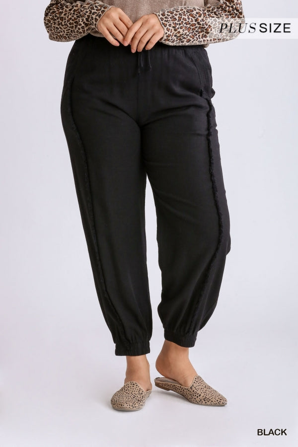 Plus size linen blend jogger in black with pockets and frayed edge