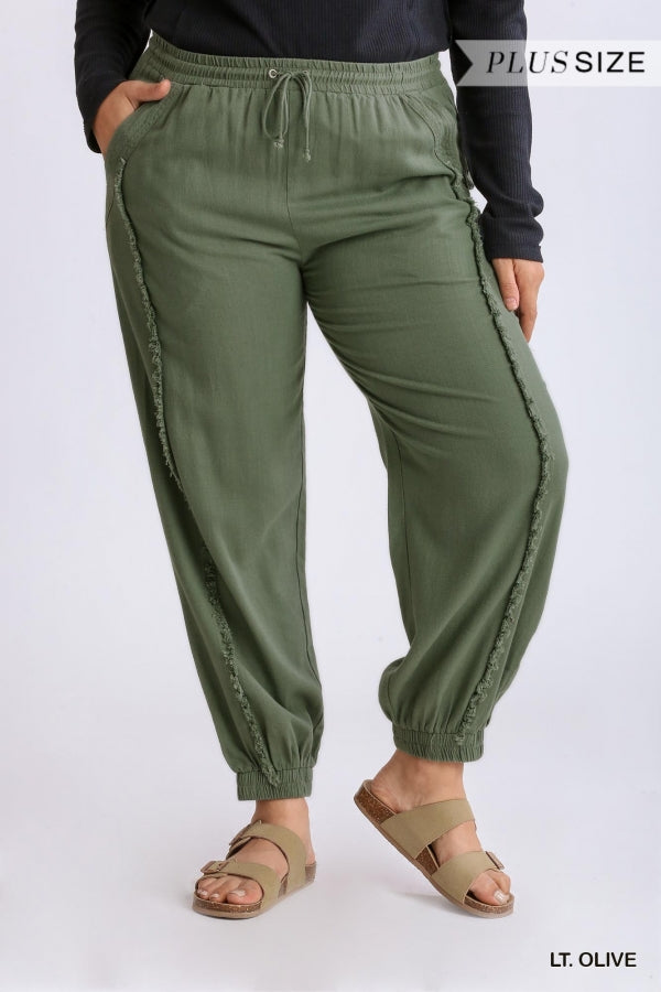 Plus Size Linen Blend frayed edge jogger pants in olive