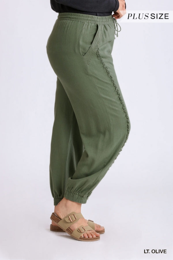 Plus Size Linen Blend frayed edge jogger pants in olive