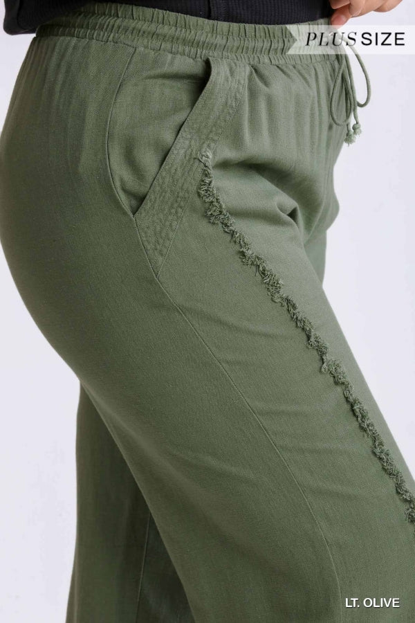 Plus Size Linen Blend frayed edge jogger pants in olive