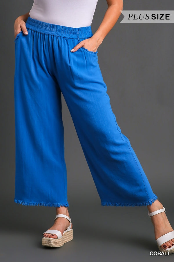 Plus Size linen blend frayed bottom pants with pockets in cobalt