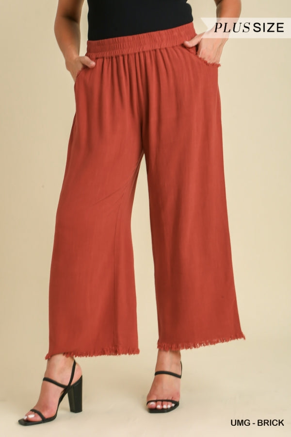Plus Size linen blend frayed bottom pants with pockets in clay